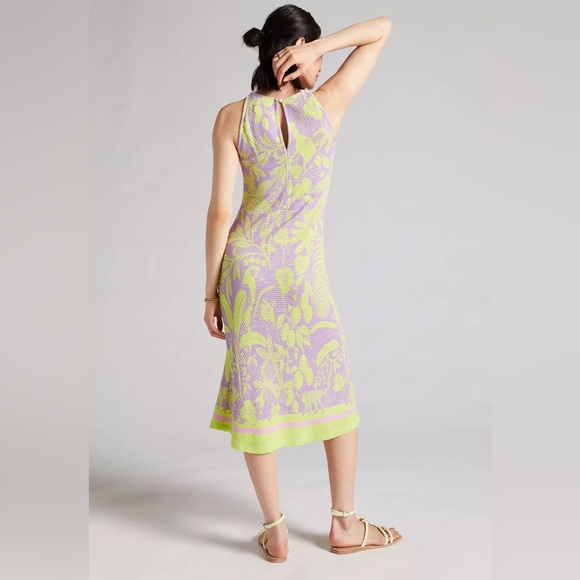 Anthropologie x FARM Rio Textured Knit Midi Purple & Neon Bird Print Dress Small - Picture 9 of 11